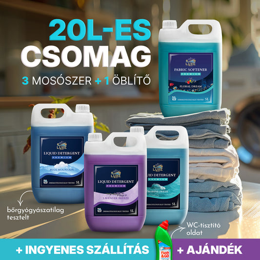 20L-es Csomag (3*5L Mosószer + 5L Öblítő) + Ajándék WC Tisztító