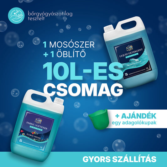 10L-es Csomag (5L Mosószer + 5L Öblítő) + Ajándék Adagolókupak