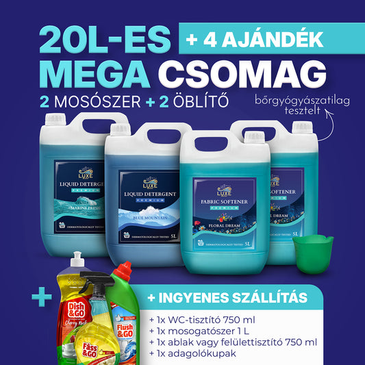 MEGA Csomag - 20L (2*5L Mosószer + 2*5L Öblítő) + 4 Ajándék termék