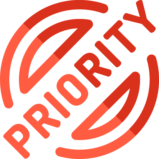 Pictogramă roșie cu textul PRIORITY, simbol pentru prioritate
